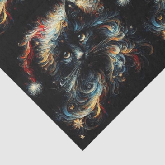 Papier Mousseline Whimsical Black Cat Santa Christmas Hat Decoupage (Détail)