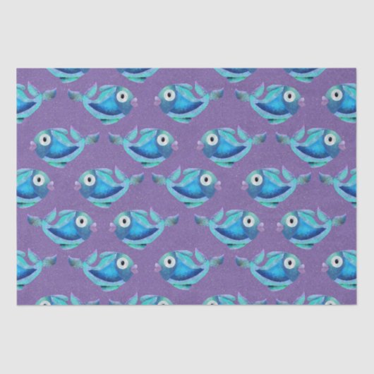 Papier Mousseline Whimsical Coastal Blue Fish Motif (Recto)