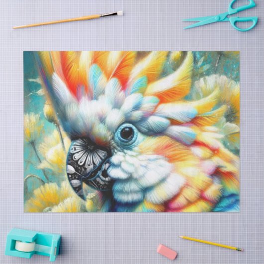 Papier Mousseline Whimsical Cockatoo Bird Yellow Poppies Découpage (Artisanat)