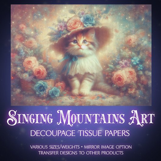 Papier Mousseline Whimsical Floral Shabby Chic Kitten DIY Decoupage