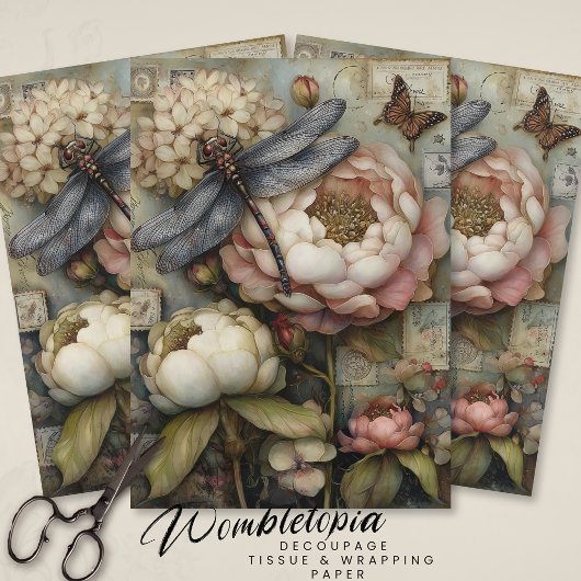 Papier Mousseline Whimsical Peony & Dragonfly Ephemera Decoupage 