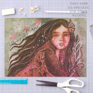 Papier Mousseline Whimsical Raven Girl Follow Your Dream Mixed Media