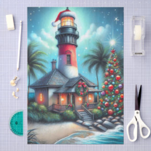 Papier Mousseline Whimsical Tropical Christmas Lighthouse Decoupage