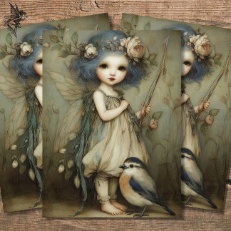 Papier Mousseline Whimsical Woodland Fairy and Wren Portrait Art