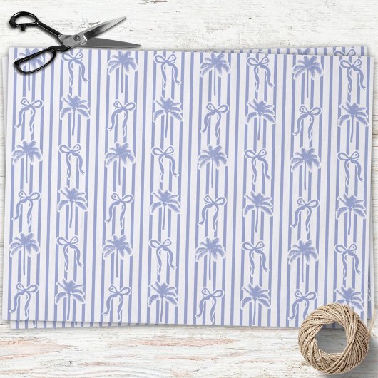 Papier Mousseline White Blue Coastal Palm Trees Bows Stripes Pattern