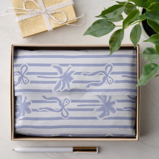 Papier Mousseline White Blue Coastal Palm Trees Bows Stripes Pattern (Cadeau)