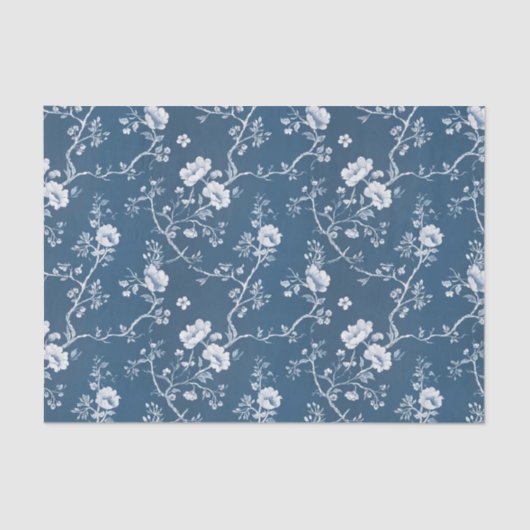 Papier Mousseline White Flower Pattern on Blue Background (Recto)