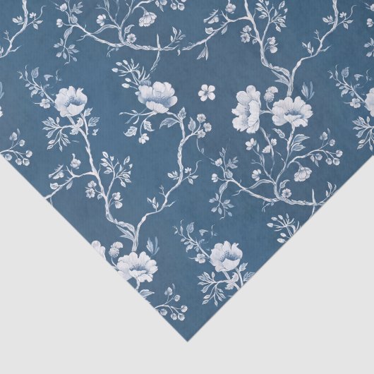 Papier Mousseline White Flower Pattern on Blue Background (Détail)