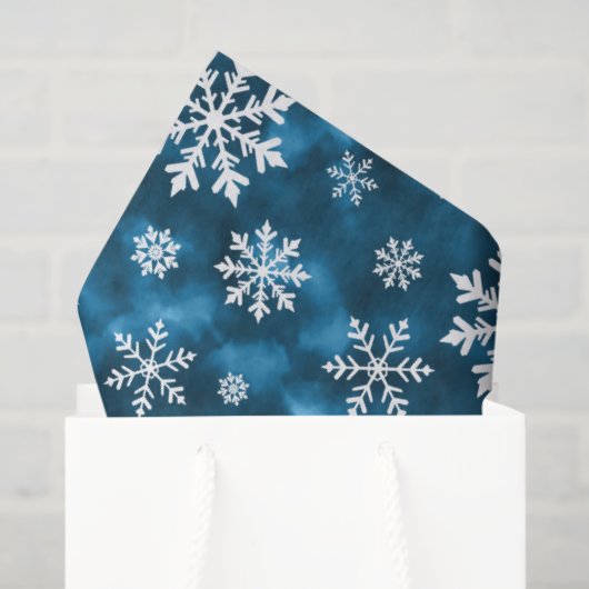 Papier Mousseline White Snowflakes Pattern On Blue Cool Winter (Sac cadeau)