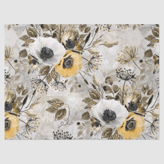 Papier Mousseline White, yellow anemones on a gray-brown background. (Recto)
