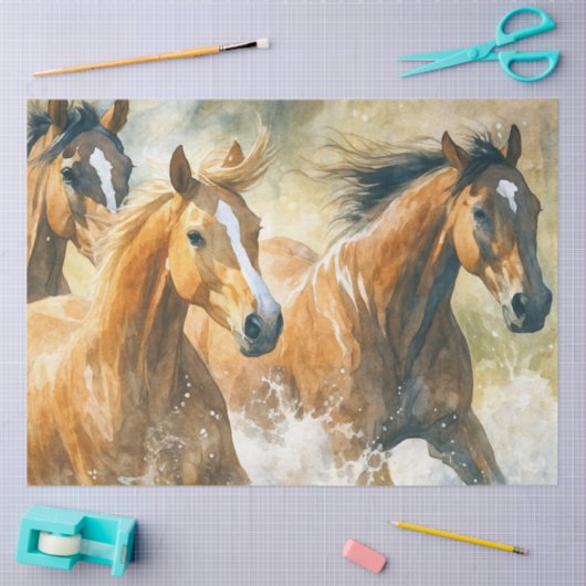 Papier Mousseline Wild horses decoupage watercolor western (Artisanat)
