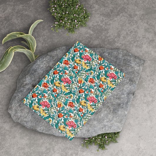 Papier Mousseline William Morris d'inspiration rose jaune cuivre ble