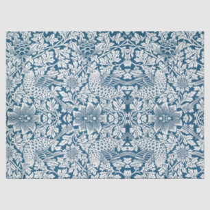 Papier Mousseline William Morris Fleurs Vintages Oiseaux Bleu Blanc