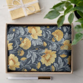 Papier Mousseline William Morris inspiré fleurs jaunes bleu marine (Cadeau)