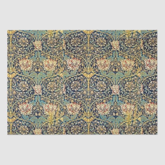 Papier Mousseline William Morris Motif Floral Or Turquoise Rouge (Recto)