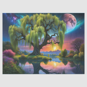 Papier Mousseline Willow tree under Pleine lune N Starry ciel Sunset