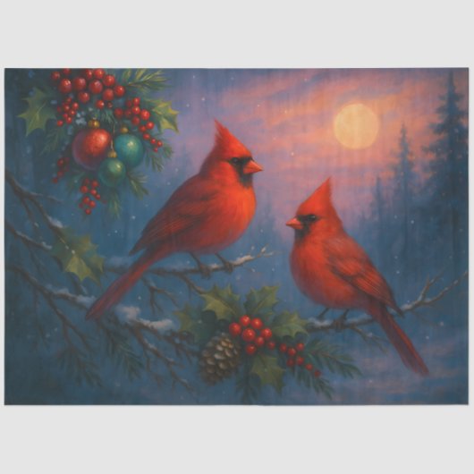 Papier Mousseline Winter Cardinals Under the Solstice Moon Decoupage (Recto)