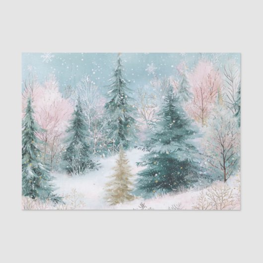 Papier Mousseline Winter Pine Tree Landscape Art with Pink & Gold (Recto)