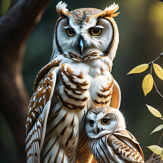 Papier Mousseline Wise white owl with baby sitting on a branch