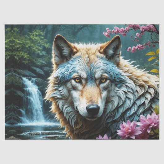 Papier Mousseline Wolf debout dans la rivière avec des fleurs (Recto)
