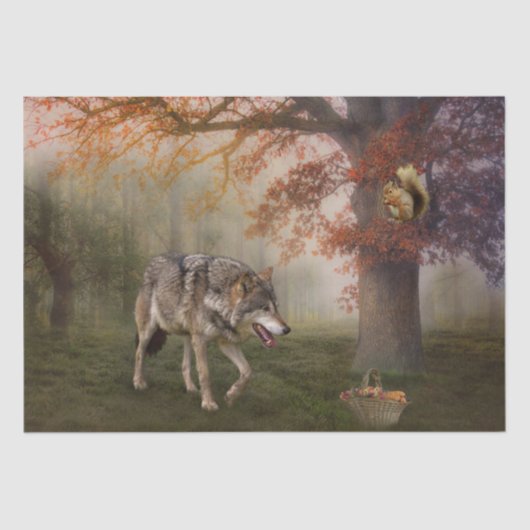 Papier Mousseline Wolf Squirrel Imaginaire Forêt d'automne paysage (Recto)