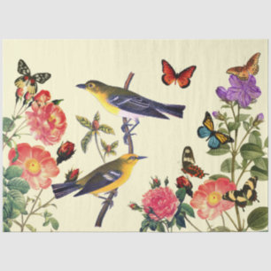 Papier Mousseline Yel d'art vintage. Oiseaux Fleurs Pale Yel. Découp
