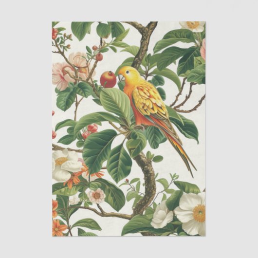 Papier Mousseline Yellow Parakeet Perched on Tropical Flowers Branch (Recto)