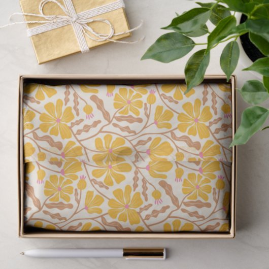 Papier Mousseline Yellow Retro Floral Pattern (Cadeau)