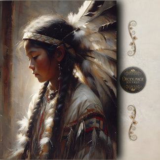 Papier Mousseline Young Native Girl Feather Headdress Decoupage