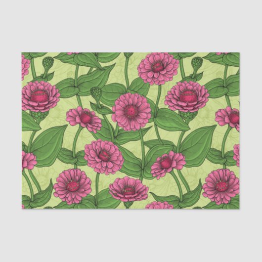 Papier Mousseline Zinnias rose sur vert clair (Recto)