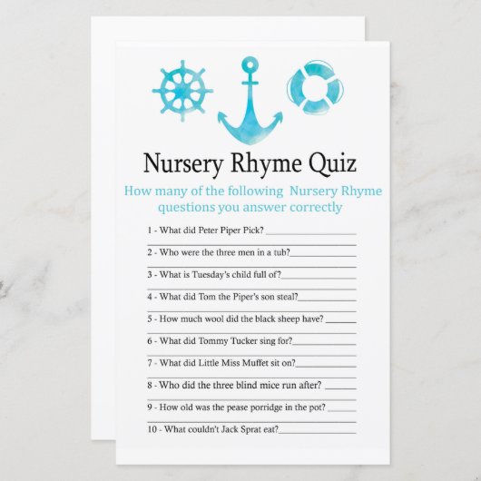 Papier Nautical Ancre Nursery Rhyme Quiz bébé showergame (Devant / Derrière)