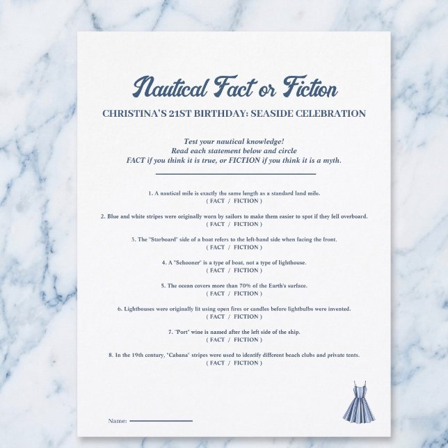 Papier Nautical Fact or Fiction Birthday Party Game Sheet (Stripes sea and summer fun.)