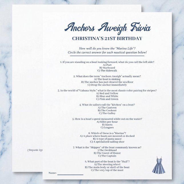 Papier Nautical Marina Trivia Birthday Party Game Sheet (Anchors Aweigh Trivia)