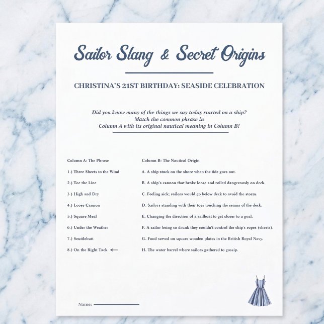 Papier Nautical Sailor Slang Birthday Game One Sheet (Master the sea's secret slang.)