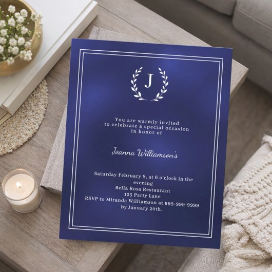 Papier Navy blue monogram wreath age-neutral invitation