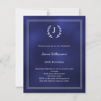 Papier Navy blue monogram wreath birthday invitation