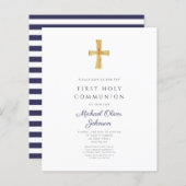 Papier Navy Blue Stripes Boy First Communion Invitation (Devant / Derrière)