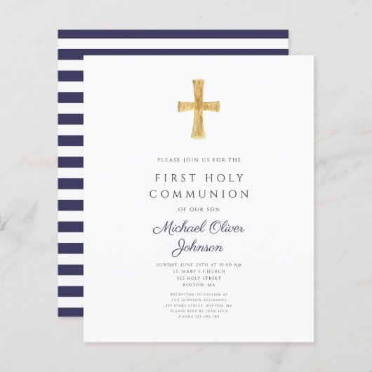 Papier Navy Blue Stripes Boy First Communion Invitation (Devant / Derrière)