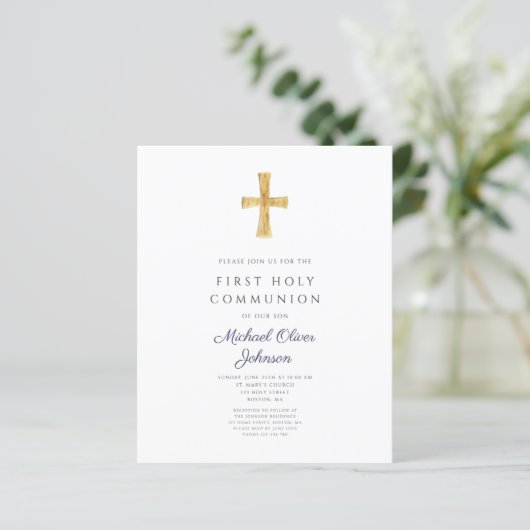 Papier Navy Blue Stripes Boy First Communion Invitation (Debout devant)