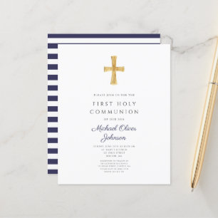 Papier Navy Blue Stripes Boy First Communion Invitation