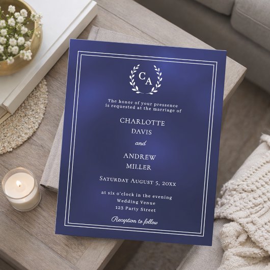 Papier Navy blue wreath monogram wedding invitation