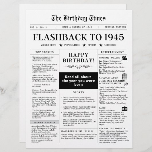 Papier Né en 1945 Faux journal noir et blanc (Devant / Derrière)