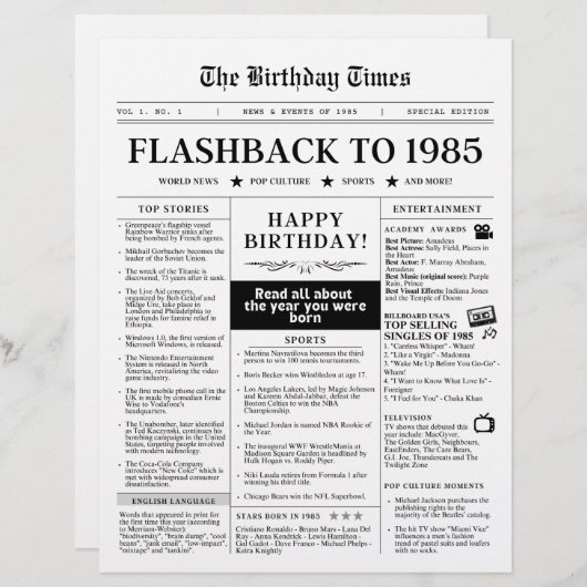 Papier Né en 1985 Faux journal noir et blanc (Devant / Derrière)