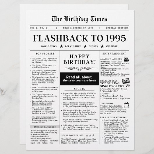 Papier Né en 1995 Faux journal noir et blanc (Devant / Derrière)