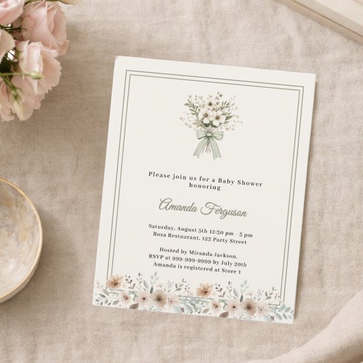 Papier Neutral florals green ivory Baby Shower invitation