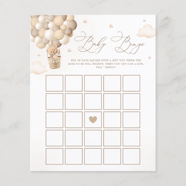 Papier Neutral Teddy Bear Baby shower Bingo Jeu (Devant)