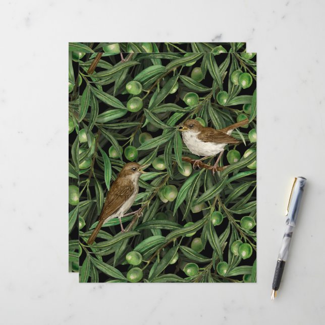 Papier Nightingales dans l'olivier 3 (Devant/Arrière en situation)