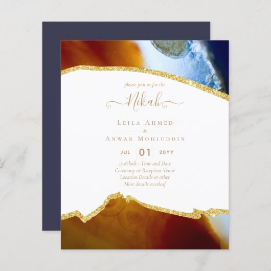 Papier NIKAH - Agate Gold BUDGET Mariages Invitations (Devant / Derrière)