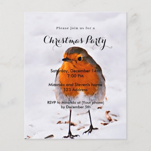 Papier Noël fête robin oiseau neige invitation (Devant)