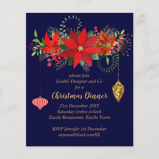 Papier Noël Poinsettia Dîner Invitations Rouge BLUE Gold (Devant)